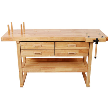 60-Inch Rubber Hardwood Workbench with 4 Drawers, 330LBS Heavy Duty Portable Work Bench, Woodworking Table for Garage, Workshop & Home Storage