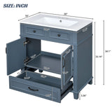 30'' Bathroom Vanity with Ceramic Sink,Solid Wood Frame Bathroom Storage Cabinet with Soft Closing Doors,Retro Style, Blue