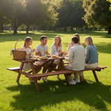 Extra Large 95-Inch Outdoor Picnic Table Set with Benches, 12-Person Wooden Patio Table with Umbrella Hole, Rustic Brown Garden Furniture for Backyard, 240cm