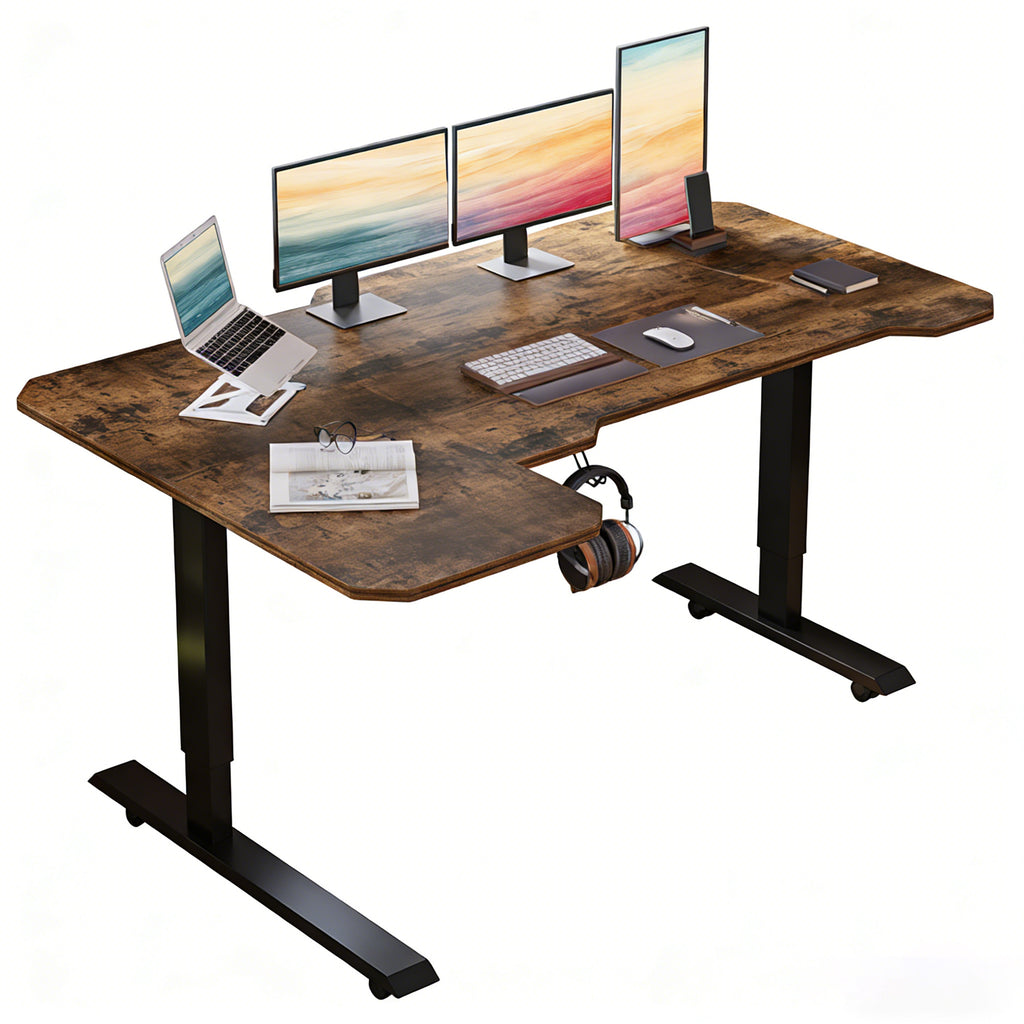 L-Shaped 59" Height Adjustable Electric Standing Desk, Sit and Stand Up Computer Desk For Home Office rustic brown