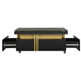 [VIDEO provided] ON-TREND Contemporary Coffee Table with Faux Marble Top, Rectangle Cocktail Table with Caster Wheels, Moderate Luxury Center Table with Gold Metal Bars for Living Room, Black