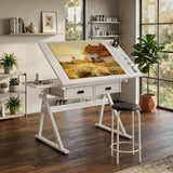 Adjustable drawing drafting table desk with 2 drawers for home office and school with stool (all white)