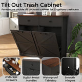Farmhouse Black Double Tilt Out Trash Cabinet for 20 Gallon Trash Cans, Free Standing Recycling Cabinet with Hideaway Drawer, Barn Door Style Laundry Sorter Cabinet, Tilt Out Trash Cabinet for Kitchen