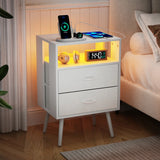 2 Pack Modern Nightstand with Charging Station, Bedside Tables with LED Light and Fabric Drawers