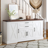 63" Farmhouse Barn Door Storage Cabinet with 2 Drawers & Door Rack, Large Buffet Table Coffee Bar Cabinets with Adjustable Shelves for Kitchen, Living Room, Entryway, Dining Room, White