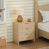 Rattan Nightstand 3 Drawers, 22.8" Wide Curved Wooden Bedside Table, Modern Storage for Bedroom, Natural Oak.