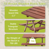 Extra Large 95-Inch Outdoor Picnic Table Set with Benches, 12-Person Wooden Patio Table with Umbrella Hole, Rustic Brown Garden Furniture for Backyard, 240cm