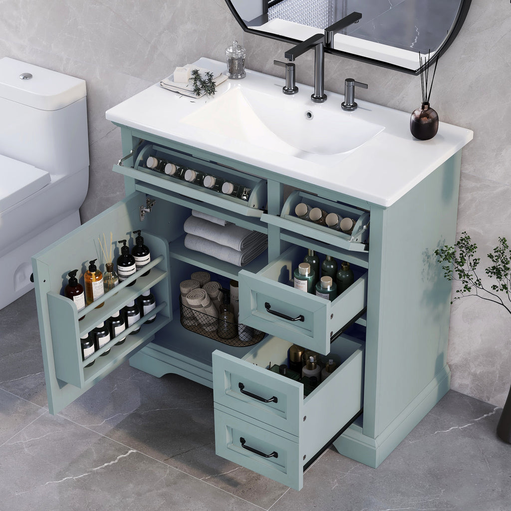 36" Bathroom Vanity with Sink, Ceramic Sink, 2 Tip-out Drawers, Soft Close Door Hinges, Grey