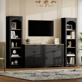 ON-TREND Farmhouse TV Stand with 2 Drawers for TVs Up to 70", Versatile Wood Grain Sideboard with Adjustable Shelves, Mid-Century Buffet Cabinet with Rustic Handles for Living Room/Bedroom, Black
