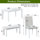 6 Piece Wooden Dining Table Set, Wooden Dining Table with 4 Upholstered Chairs and Bench for 6 People, Rectangular Dining Table Set with Crystal Decoration for Kitchen, Dining Room, White