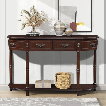 Retro Curved Wood Console Table, 52 inch Circular Half Moon Sofa Table with Open Shelf and 2 Drawers, Solid Wood Entry Table for Living Room, Hallway, Espresso