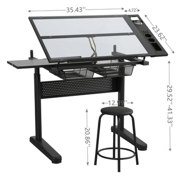 hand crank adjustable drafting table drawing desk with 2 metal drawers (BLACK)WITH STOOL