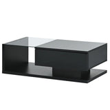 [VIDEO provided] ON-TREND Modern Coffee Table with Tempered Glass, Wooden Cocktail Table with High-gloss UV Surface, Modernist 2-Tier Rectangle Center Table for Living Room, Black