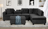 105" Modern Sectional Sofa with Storage Ottoman, L-Shape Couch with 2 Pillows and Cup Holders,Sectional Sofa with Reversible Chaise for Living Room, Black