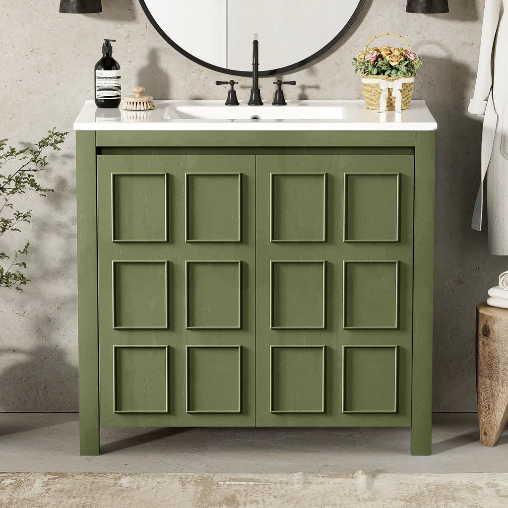 36 " Bathroom Vanity Organizer with Ceramic Sink, Set Bathroom Storage Cabinet, Olive Green(Old SKU:SV000004AAF)