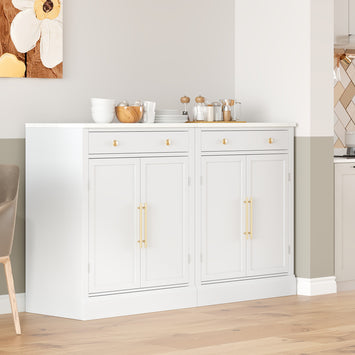 [Assembly Video Provided] TOPMAX Modern Freestanding Kitchen Pantry,Buffet Food Storage, Coffee Bar Cabinet with Drawer, 2 Adjustable Shelves and 2 Door Shelves for Dining, Kitchen, Set of 2, White