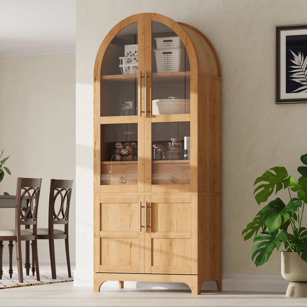 K&K 71" Tall Arched Kitchen Pantry Cabinet with Door Shelves, Farmhouse Kitchen Storage Cabinet with Open & Adjustable Shelves, Hidden Drawer & Glass Door, Cupboard for Kitchen, Dining Room, Natural