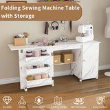 57.5" Foldable Sewing Machine Table with Locking Casters, Multi-Storage Craft Station with Shelves, Bins & Cabinet, Adjustable Sewing Cabinet for Home, Bedroom, and Craft Room(White)