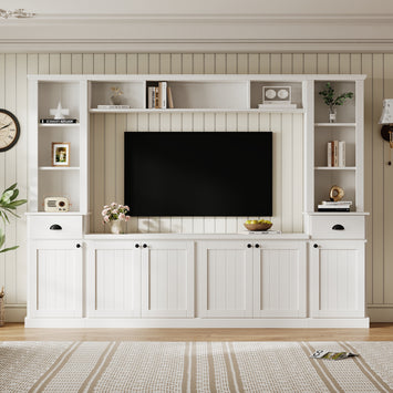 Minimalist Entertainment Wall Unit Set with Bridge for TVs Up to 75'', Ample Storage Space TV Stand with Adjustable Shelves, Modernist Large Media Console for Living Room, White (NEW SKU: SD000061AAK)