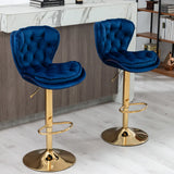 Set of 2  Bar Stools,with Chrome Footrest and Base Swivel Height Adjustable Mechanical Lifting Velvet + Golden Leg Simple Bar Stool-Green