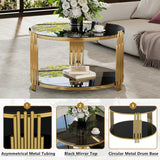Modern Black Mirror Coffee Table, Asymmetrical Metal, Circular Metal Drum Base, Gold Finish & Lower Shelf