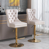 A&A Furniture,Thick Golden Swivel Velvet Barstools Adjusatble Seat Height from 27-35 Inch, Modern Upholstered Bar Stools with Backs Comfortable Tufted for Home Pub and Kitchen Island (Beige,Set of 2)