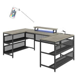 U Shaped Desk with Power Outlets & LED Strip & Monitor Stand, L Shaped Desk with Storage Shelf, Home Office Gaming Desk, Vintage