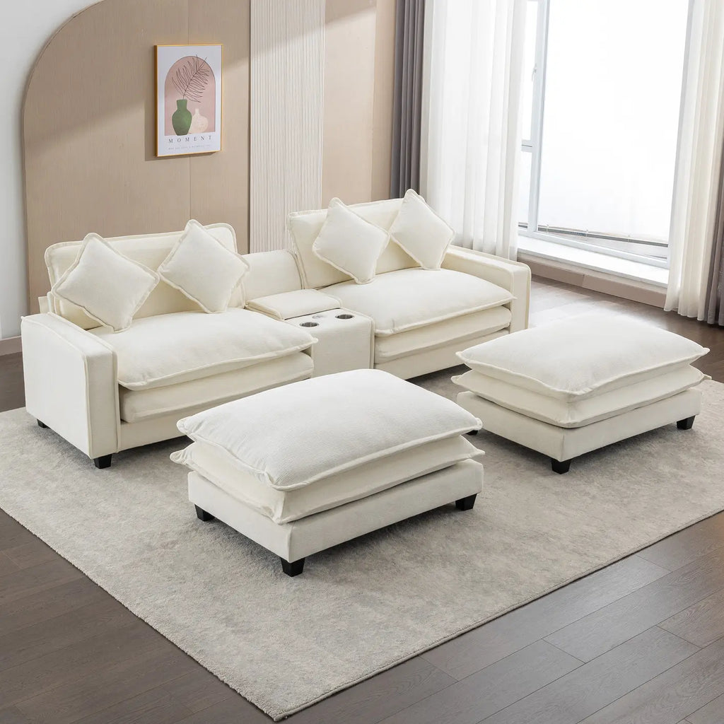 111" Sectional Sofa Chenille Upholstered Sofa with Two Removable Ottoman, Two USB Ports, Two Cup Holders and Large Storage Box for Living Room (Old SKU:SG001480AAA), Beige