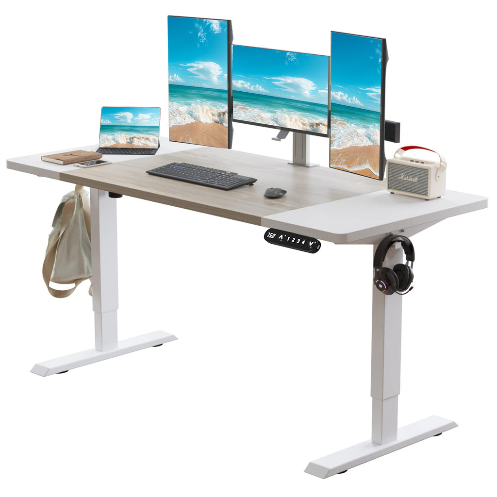 63"×30" Height Adjustable Electric Standing Desk Height Stand Up Computer Desk,Sit and Stand Home Office Desk with Splice Board (oak &white desktop+single motor white frame)