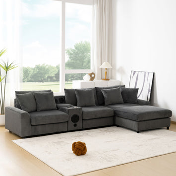 [VIDEO]112*64'' Corduroy Sectional Sofa with Bluetooth Speakers,L-Shaped Couch with Console,USB Charger,Cup Holders,Storage,Ottoman,Deep and Wide Seat Cloud Sofa for Living Room&Apartment,2 Colors