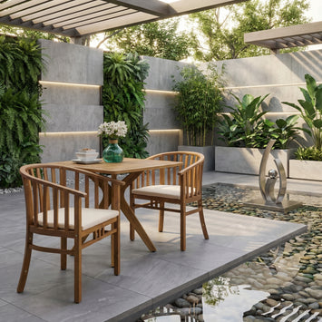 Outdoor Wooden Dining Chairs With Cushions, Set of 2, Cream, Teak Finish