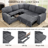 L-Shaped Sectional Sofa Bed with Pull-Out Bed & Storage, 5-Seat Sleeper Couch with USB Charging, Convertible Design for Living Room, Apartment, Corduroy Fabric, Grey