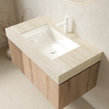 MURI 36" Bathroom Vanity&Sink, Floating Plywood Storage Cabinet with Drawer&Door, Roma Travertine Sintered Stone Top&Ceramic Basin with 1 Pre-drilled Faucet Hole, Pre-assembled, White Oak Woodgrain