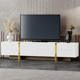 ON-TREND Luxury Fluted TV Stand for TVs Up to 80'', Modern Entertainment Center with Storage Cabinets & Drawers, Smooth Media Console with Golden Wood Grain Legs for Living Room, White