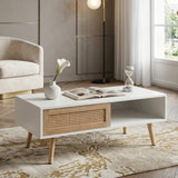 41.34" Rattan Coffee table, sliding door for storage, solid wood legs, Modern table  for living room ,White