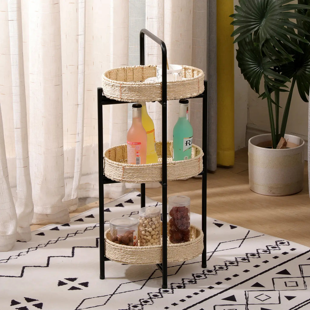 3 Tiers Tray Tables Paper Rope Woven Side Table for Living Room Kitchen Oval Storage Basket Small Shelves (Natural)