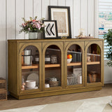 TREXM 4-Door Large Storage Buffet Cabinet with Glass Doors, Arched Cabinet with Adjustable Shelves for Kitchen, Dining Room and Living Room (Black)