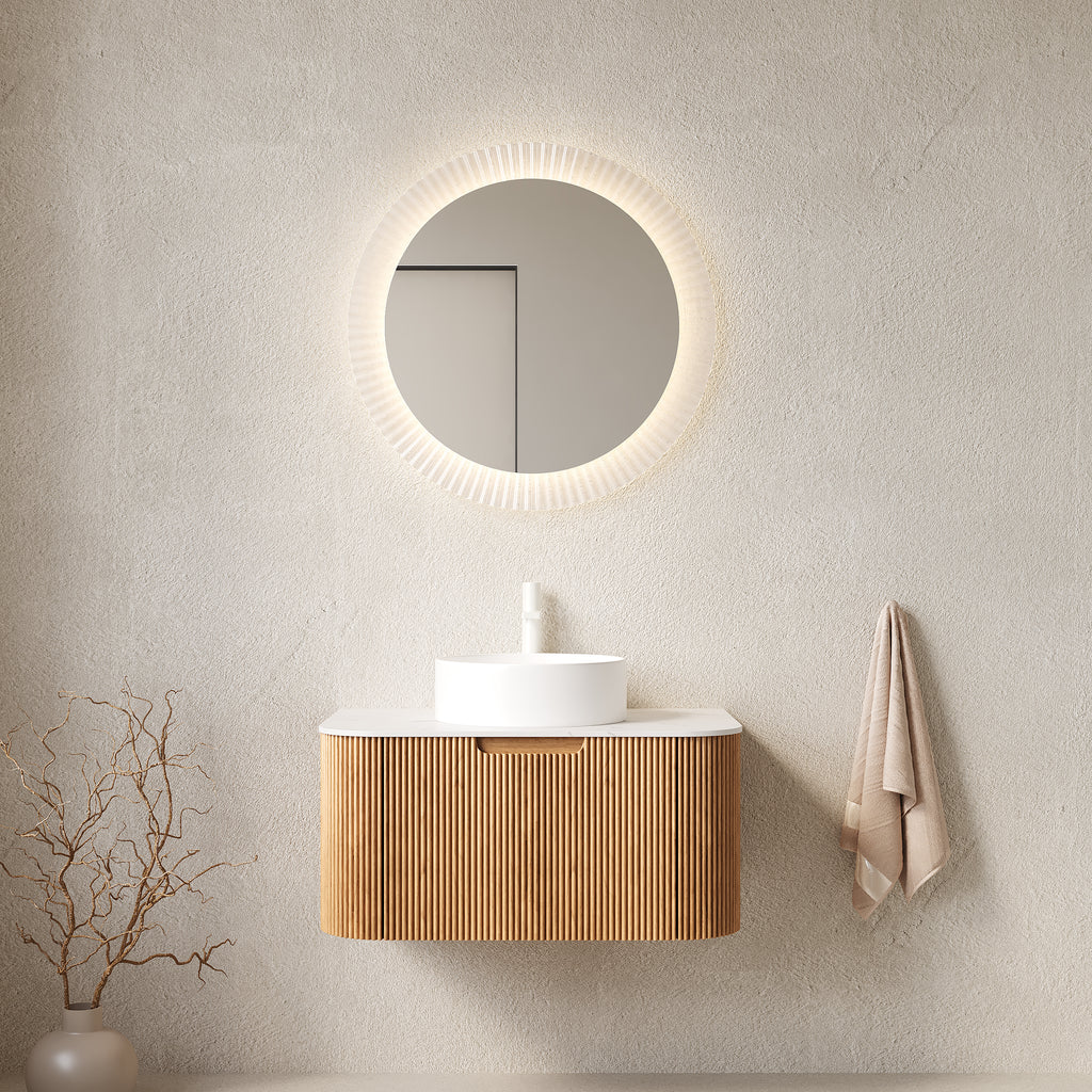 DINA 30" Bathroom Vanity&Sink, Floating Curved Edges Striped Bathroom Storage Cabinet with Drawer, White Round Ceramic Basin&Carrara White Artificial Marble Top, Pre-assembled, Natural Woodgrain Color