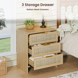 Rattan 3 Drawers Nightstand set of 2,  22.8" Wide Curved Wooden Bedside Table, Modern Storage for Bedroom, Natural Oak.