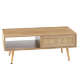 41.34" Rattan Coffee table, sliding door for storage, solid wood legs, Modern table  for living room , natural