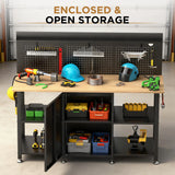 60 Inch Heavy Duty Workbench with Storage Cabinet, Wooden Top, 2000 lbs Capacity, Large Garage Work Table with Pegboard, Power Outlet