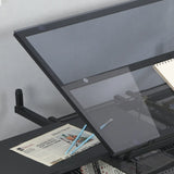 Hand crank adjustable tempered glass drafting drawing and printing table with chair and storage space for living room, study, bedroom