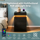 Nightstand with Built-In Charging Station and LED Lighting, 3-Drawer Sliding-Top Modern Bedside Table, Black Wooden End Table