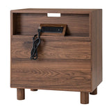 26" Tall Modern Nightstand with Charging Station, 23.75'' Wide Wood Bedside Table w/2 Storage Drawers, Large Mid Century End Table for Bedroom, Living Room, Curve mirror Design
