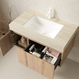 MURI 36" Bathroom Vanity&Sink, Floating Plywood Storage Cabinet with Drawer&Door, Roma Travertine Sintered Stone Top&Ceramic Basin with 1 Pre-drilled Faucet Hole, Pre-assembled, White Oak Woodgrain