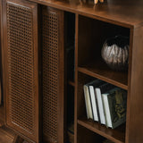 Mid Century Modern Rattan Sideboard Cabinet, Buffet Cabinet for Entryway Hallway Living Room Kitchen Dining Room, Adjustable Shelf & Solid Wood Feet & Rattan Cabinet Doors - Dark Wood