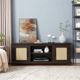 Farmhouse Rattan TV Stand Console Table for TVs up to 70 Inches, TV Console Table with 2 Storage Shelves, 2 Natural Rattan Door Cabinets, 65"W*15.55"D*23.86"H, Gray