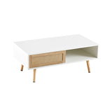 41.34" Rattan Coffee table, sliding door for storage, solid wood legs, Modern table  for living room ,White