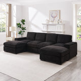 122"L Sectional Sofa Deep Seat Sofa Couch with Ottomans, Corduroy Sofa Sleeper for Living Room, Apartment, Office, Modern, Small Space, Easy Assembly(4-Seat & 2-Ottoman, Black)