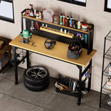 71''Adjustable Workbench with pegboard, Heavy Duty Wooden Desktop Workbench with Wheels, 1600 lb. Load Capacity, Rolling Workbench with AC/USB Outlet, Hooks, Shelf, for Garage, Workshop, Office, Home.